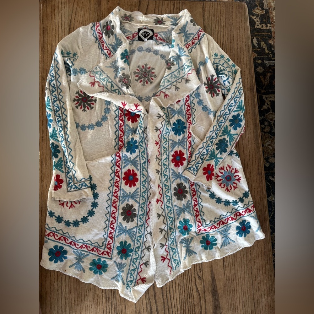Johnny Was Biya Embroidered Colorful Boho open flowy cardigan - Size S